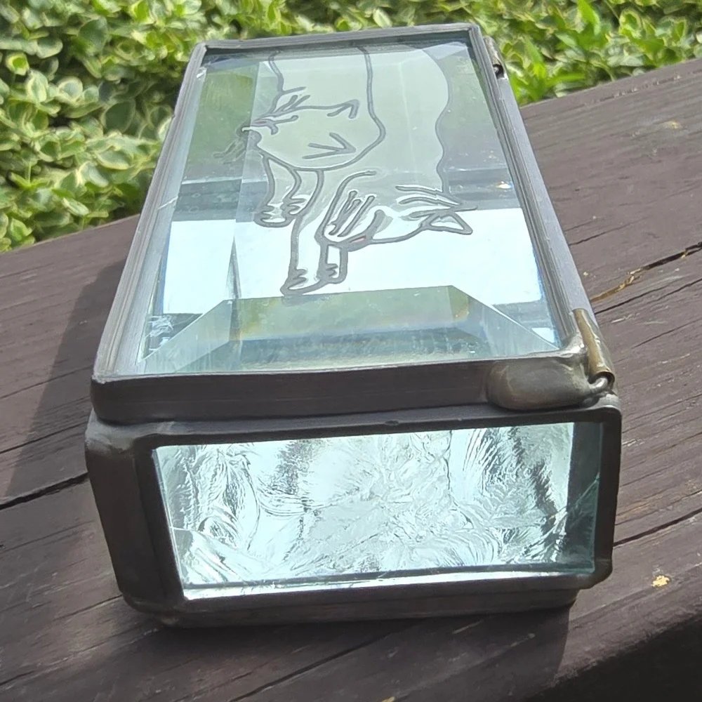 Vintage Stained Glass & Mirrored Sleeping Cats Hinged Trinket Jewelry Box